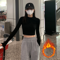 正肩短款秋冬磨毛加厚T恤打底衫女2026新款黑色紧身圆领露脐上衣