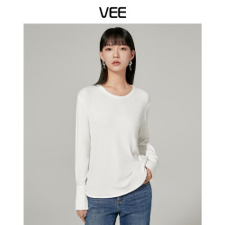 VEE 女士时尚休闲打底衫设计百搭款圆领长袖上衣白色T恤