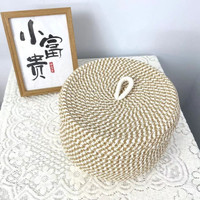 中川屋 简约时尚棉麻编织收纳筐杂物编织筐带盖篮子圆形创意家用