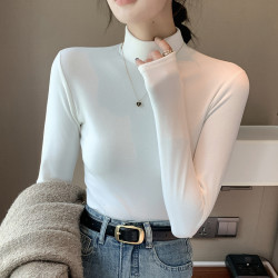醉梓菡 秋冬半高领微米绒打底衫女长袖保暖内搭黑白色洋气百搭中领H319#