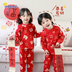 婴蓓依 2026新年儿童舒绒棉保暖内衣套装男女宝宝中小童红色秋衣裤