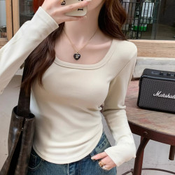韩版紧身长袖显瘦T恤女白色春秋百搭洋气修身圆领设计感小众上衣