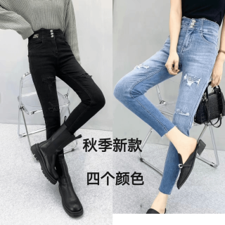 港澳台专柜正品春季新款高腰假破洞烫钻修身显瘦高弹小脚铅笔裤女