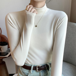 醉梓菡 微米绒半高领打底衫女内搭秋冬加绒加厚中领保暖黑白色上衣