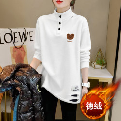 春秋季小清新印花款长袖t恤中长款显瘦上衣半高领德绒保暧打底衫