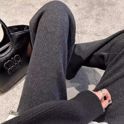 洋气黑灰色窄版直筒阔腿裤女秋冬款梨形身材百搭显瘦人字纹休闲裤
