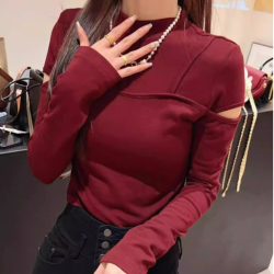 正肩镂空长袖t恤女设计感2024新款紧身短款上衣内搭打底衫女洋气