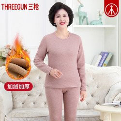 三枪 中老年保暖内衣女加绒加厚冬羊毛中领保暖套装老人秋衣秋裤