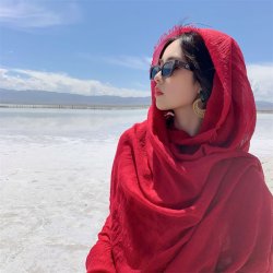 夏金采 酒红色头巾女夏季沙漠旅游披肩围巾西北茶卡盐湖丝巾薄款棉麻纱巾