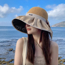 无品牌 帽子女遮阳防晒出游渔夫帽遮阳遮脸夏季户外出行太阳帽蝴蝶结帽檐