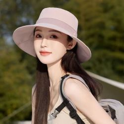 无品牌 防晒帽女款夏季户外登山帽遮脸太阳帽女防紫外渔夫帽子女线 粉色