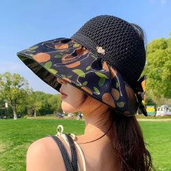 无品牌 新款简约时尚黑胶遮阳渔夫帽夏季防晒紫外蝴蝶结水果图案空顶帽线