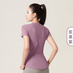FOURDATRY 网纱瑜伽运动服显胸塑型透气T恤女 浆果紫 L