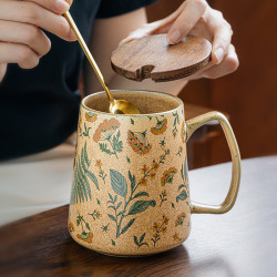 悠瓷 夏语雅菊花卉物语中古风陶瓷马克杯女生咖啡杯大容量水杯 夏语-锥形杯带盖勺