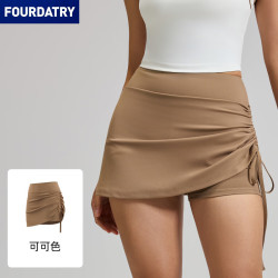 FOURDATRY 新款抽皱运动短裙女防走光高腰跑步假两件短款
