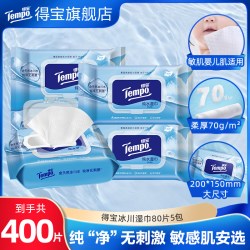 得宝 湿巾冰川水80片5包大规格擦手加厚温和亲肤湿巾家用装a