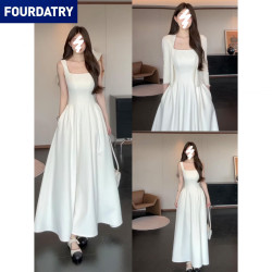FOURDATRY 白色吊带连衣裙女夏季初恋清冷感白月光掐腰裙