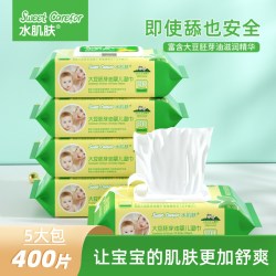 水肌肤 大豆柔软宝宝婴儿湿巾80抽加盖5包共400片