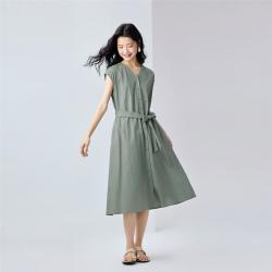 佐丹奴 连衣裙夏季天然棉麻连衣裙V领绑带收腰连袖梭织连衣裙女款