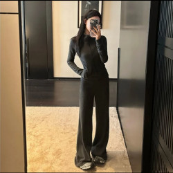 灰色条纹长袖套装外套女秋冬季老钱风2025新款修身服装