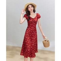 爱依服 2026夏季新款法式温柔风碎花连衣裙女V领收腰显瘦百搭