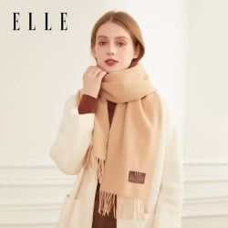 ELLE 100%绵羊毛围巾女士秋冬季户外保暖纯色围脖简约风大红色