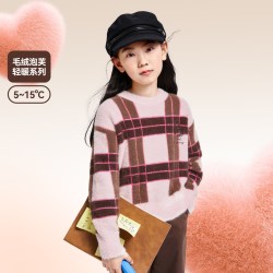 安奈儿 童装女童毛衣针织衫2024冬新款学院风格纹保暖