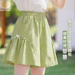 烈童 女童A字绿色系带短裤显瘦夏装新款洋气儿童高腰裤子女孩阔腿裤