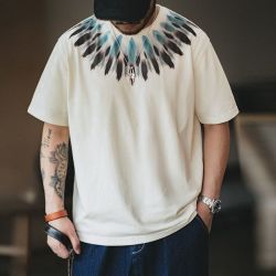 马登 美式复古重磅印第安羽毛印花短袖T恤