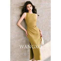WANGXO 针织骨感立裁手工捏褶无袖中长小黑裙女一字领侧开叉背心连衣裙女