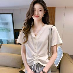 真维斯 热销气质优雅女式t恤抽绳设计短袖T恤女高弹透气短袖女夏上衣