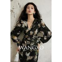 WANGXO 定制水印面料双皱底布V领碎花裙女交叉绑带围裹式鱼尾连衣裙女
