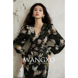 WANGXO 定制水印面料双皱底布V领碎花裙女交叉绑带围裹式鱼尾连衣裙女