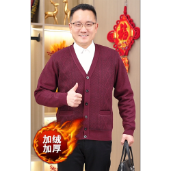 男士保暖毛衣爸爸装开衫爷爷加绒加厚中老年人V领秋冬季针织线衣