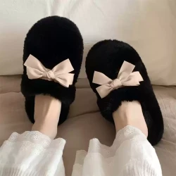 女士卧室居家休闲防滑秋冬季棉拖鞋女舒适保暖韩系蝴蝶结毛拖鞋HR