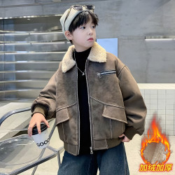 儿童装男童春秋装加绒外套2026新款中大童秋冬款羔羔绒春季皮衣潮