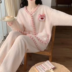 睡衣女秋冬季珊瑚绒加绒加厚法兰绒可爱女士可外穿家居服套装冬天