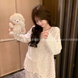 德绒大码睡衣女开衫小V领ins韩版冬季保暖宽松可外穿家居服套装