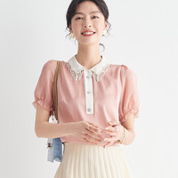 帕罗 真丝蕾丝边泡泡袖 粉红色 L 女士T恤
