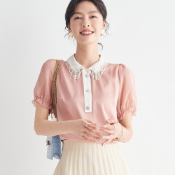 帕罗 真丝蕾丝边泡泡袖 粉红色 L 女士T恤