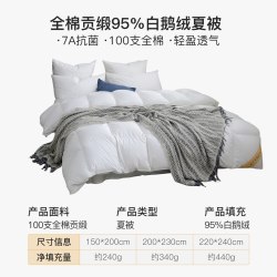 鸿润家纺静音羽绒被95%白鹅绒被春秋夏7A抗菌加厚保暖单双人冬被