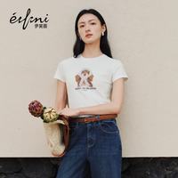 伊芙丽 秦岚代言伊芙丽棉感超萌小狗印花T恤夏季短袖上衣2026夏季新款 本白色 S