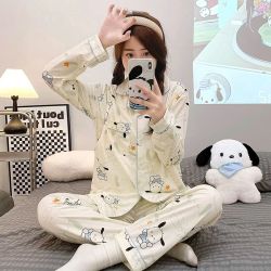 婧麒 月子服产后春夏孕妇睡衣哺乳衣长袖家居服套装夏季专用 星星绿白狗 M