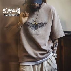 马登 工装 美式复古设计感猎鹰印花短袖圆领纯棉t恤痞帅少年感男夏