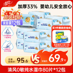 清风 APP）EDI纯水湿巾 80片*12包 不含酒精 婴幼儿手口可用 湿纸巾