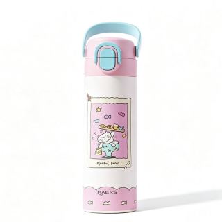 HAERS 儿童保温杯 吸管双饮 莓果奶霜喵 500ml