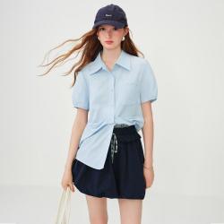 范思蓝恩 优雅气质莱赛尔扭结收腰松弛衬衫女夏度假清新上衣出片短袖衬衣