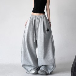 木昱子 休闲运动风灰色卫裤女2026春季新款高腰宽松显瘦直筒阔腿运动裤子