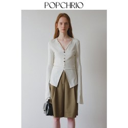 POPCHRIO ◆设计感v领喇叭长袖收腰针织T恤衫修身显瘦上衣女