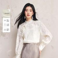 秋水伊人 简约木耳边立领衬衫休闲通勤剪花H型两件套